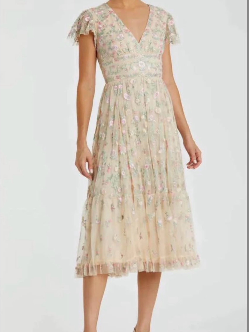 Mac Duggal Beige Midi Dress With Pink Floral Embroidery